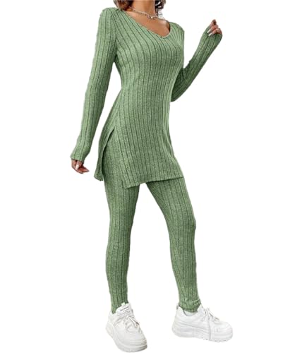 Onsoyours Anzug Damen Zweiteiler Set Gerippt Strick Pullover Tops Langarm V-Ausschnitts mit Hose Hausanzug Nachtwäsche Causal Gestrickt Loungewear Strickanzug Outfit A Grün XS von Onsoyours