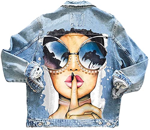 Onsoyours B Blau Taschen Einreiher Zerrissene Graffiti Langarm Boyfriend Oversize Jeansjacke Damen Mode Denim Jacket XL von Onsoyours