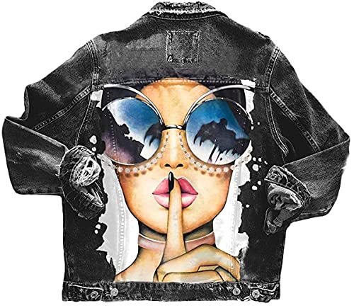 Onsoyours B Schwarz Taschen Einreiher Zerrissene Graffiti Langarm Boyfriend Oversize Jeansjacke Damen Mode Denim Jacket M von Onsoyours