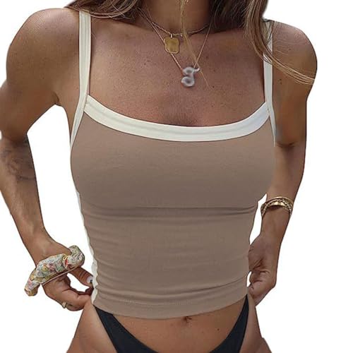 Onsoyours Backless Top Damen Y2K Ärmelloses Strick Crop Tops Sexy Patchwork Sommer Casual Cami Top Y2K Vintage Tank Top Oberteil Streetwear A Khaki M von Onsoyours