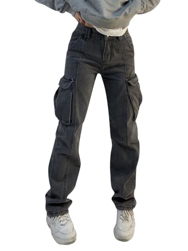 Onsoyours Baggy Damen Jeans Y2K Aesthetic Low Waist Jeanshose Straight Leg Jeans Gerade Denim Hose Stretch Boyfriend Locker Cargo Jeans Streetwear A Dunkelgrau M von Onsoyours