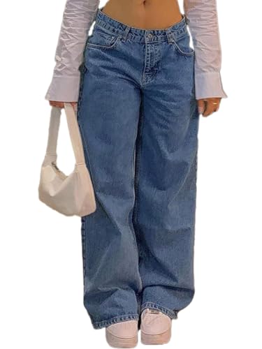 Onsoyours Baggy Jeans Damen High Waist Bein Hose Y2K Vintage Harajuku Boyfriend Jeanhose Gerade Bein Denim Pants D Blau XS von Onsoyours