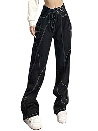 Onsoyours Baggy Jeans Damen High Waist Denim Hose Freizeit Loose Gerade Hosen Straighthose Mode Boyfriend Jeans C Schwarz S von Onsoyours