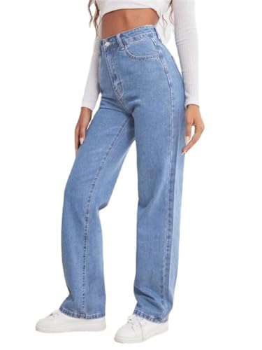 Onsoyours Baggy Jeans Damen High Waist Jeanshosen Weites Bein Stretch Jeans Straight Jeans Hosen Casual Lose Y2K Style Freizeithose Wide Leg Denim Pants A Blau XL von Onsoyours