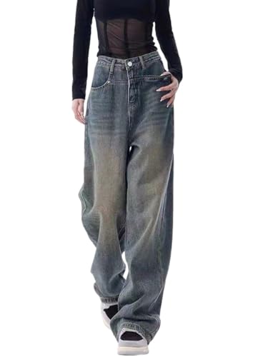 Onsoyours Baggy Jeans Damen Jeans Hose mit Hoher Taille Y2K Style Harajuku E-Girl Streetwear Hose Casual Baggy Vintage Denim Hose Freizeit Loose Gerade Hosen Baggy Boyfriend Jeans A4 Blau XXL von Onsoyours