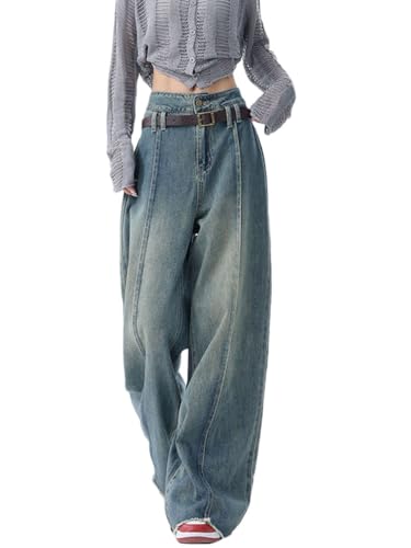 Onsoyours Baggy Jeans Damen Jeans Hose mit Hoher Taille Y2K Style Harajuku E-Girl Streetwear Hose Casual Baggy Vintage Denim Hose Freizeit Loose Gerade Hosen Baggy Boyfriend Jeans A5 Blau M von Onsoyours