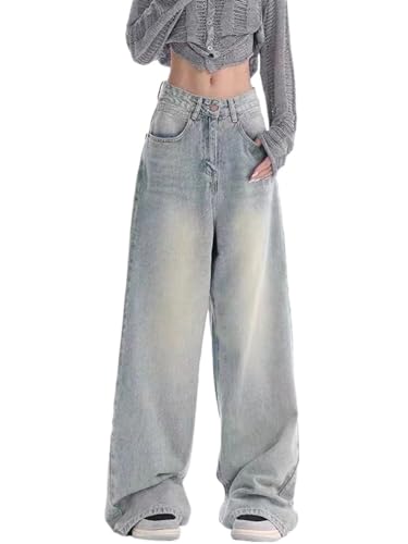 Onsoyours Baggy Jeans Damen Hoher Taille Y2K Boyfriend Jeanshosen Harajuku E-Girl Denim Hose Freizeit Loose Gerade Hosens A9 Blau M von Onsoyours