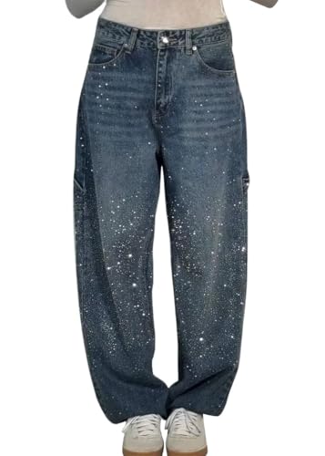 Onsoyours Baggy Jeans Damen Wide Leg Jeans High Waist Stretch Weites Bein Strassstein Jeans Hosen Damen Mit Taschen A Dunkelblau M von Onsoyours