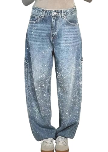 Onsoyours Baggy Jeans Damen Wide Leg Jeans High Waist Stretch Weites Bein Strassstein Jeans Hosen Damen Mit Taschen A Hellblau M von Onsoyours
