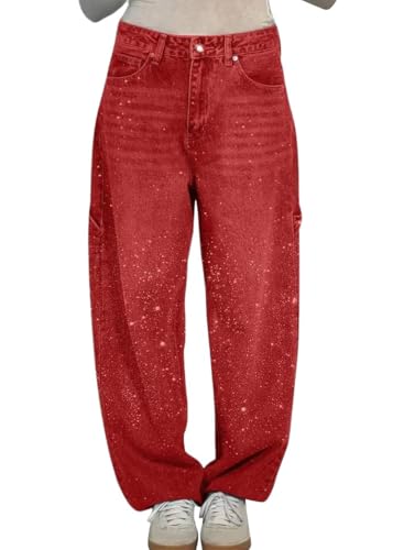 Onsoyours Baggy Jeans Damen Wide Leg Jeans High Waist Stretch Weites Bein Strassstein Jeans Hosen Damen Mit Taschen A Rot 3XL von Onsoyours