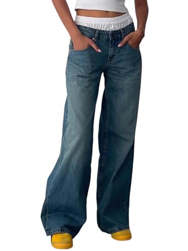 Onsoyours Baggy Jeans Damen Y2K Lose Gerade Jeans Low Waist Jeanshose mit Weitem Bein Baggy Boyfriend Denim Hose Streetwear A Blau 01 M von Onsoyours