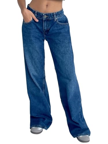 Onsoyours Baggy Jeans Damen Y2K Lose Gerade Jeans Low Waist Jeanshose mit Weitem Bein Baggy Boyfriend Denim Hose Streetwear A Dunkelblau XXL von Onsoyours