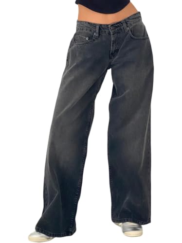Onsoyours Baggy Jeans Damen Y2K Lose Gerade Jeans Low Waist Jeanshose mit Weitem Bein Baggy Boyfriend Denim Hose Streetwear A Grau S von Onsoyours