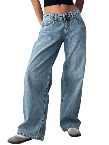 Onsoyours Baggy Jeans Damen Y2K Lose Gerade Jeans Low Waist Jeanshose mit Weitem Bein Baggy Boyfriend Denim Hose Streetwear A Hellblau XL von Onsoyours