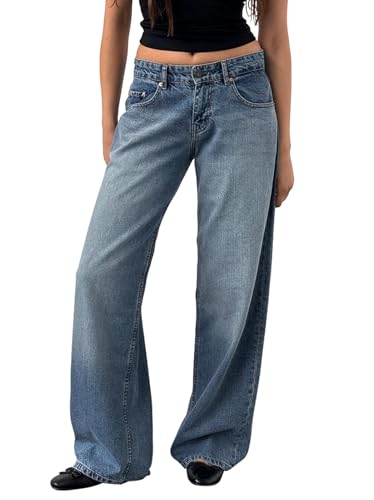 Onsoyours Baggy Jeans Damen Y2K Lose Gerade Jeans Low Waist Jeanshose mit Weitem Bein Baggy Boyfriend Denim Hose Streetwear B Blau S von Onsoyours