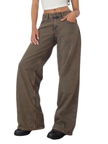 Onsoyours Baggy Jeans Damen Y2K Lose Gerade Jeans Low Waist Jeanshose mit Weitem Bein Baggy Boyfriend Denim Hose Streetwear B Braun XL von Onsoyours
