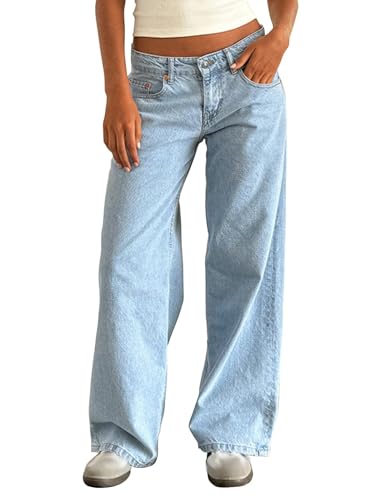 Onsoyours Baggy Jeans Damen Y2K Lose Gerade Jeans Low Waist Jeanshose mit Weitem Bein Baggy Boyfriend Denim Hose Streetwear B Hellblau 02 XS von Onsoyours