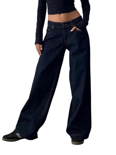 Onsoyours Baggy Jeans Damen Y2K Lose Gerade Jeans Low Waist Jeanshose mit Weitem Bein Baggy Boyfriend Denim Hose Streetwear B Marine XS von Onsoyours