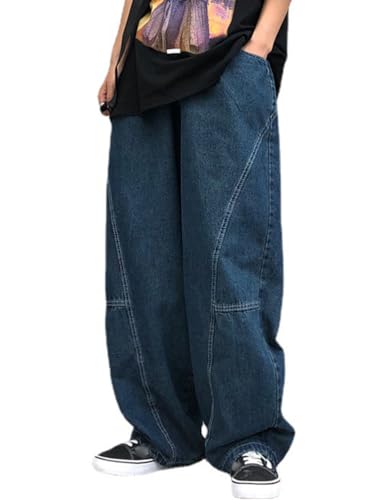 Onsoyours Baggy Jeans für Herren Y2K Boyfriend Jeans Mode High Taille Casual Loose Denim Cargo Hosen mit Taschen Hip Hop Jeans Straight Leg Gewaschen Jeanshose E1 Blau XS von Onsoyours
