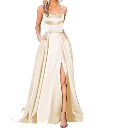 Onsoyours Ballkleider Damen Lange Sexy Criss-Cross Neckholder Backless Abend Prom Kleider mit Taschen Frauen A-Linie Satin Spaghetti Seitenschlitz Brautjungfer Kleid B Champagner XL von Onsoyours