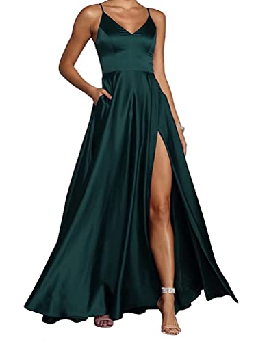 Onsoyours Ballkleider Damen Lange Sexy Criss-Cross Neckholder Backless Abend Prom Kleider mit Taschen Frauen A-Linie Satin Spaghetti Seitenschlitz Brautjungfer Kleid A Dunkelgrün XS von Onsoyours