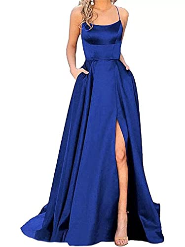 Onsoyours Ballkleider Damen Off Shoulder Kleider Lang Elegant Hochzeit A-Linie Criss-Cross Satin Spaghetti Party Prom Dress Abendkleider Schlitz Cocktailkleid Brautkleid Festkleider B Blau M von Onsoyours