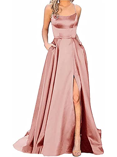 Onsoyours Ballkleider Damen Off Shoulder Kleider Lang Elegant Hochzeit A-Linie Criss-Cross Satin Spaghetti Party Prom Dress Abendkleider Schlitz Cocktailkleid Brautkleid Festkleider B Rosa S von Onsoyours