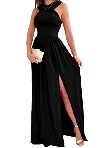 Onsoyours Ballkleider Damen Off Shoulder Kleider Lang Elegant Hochzeit A-Linie Criss-Cross Satin Spaghetti Party Prom Dress Abendkleider Schlitz Cocktailkleid Mit Taschen Festkleider C Schwarz XXL von Onsoyours