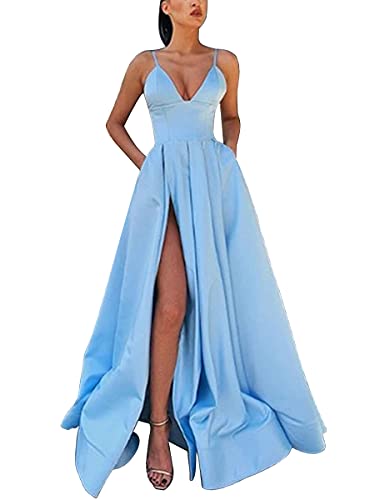 Onsoyours Damen Sexy Abendkleider Lang Elegant V-Ausschnitt Ärmellos Hohe Taille Schulterfrei Hochzeit Brautjungfernkleider Partykleider Cocktailkleid Festkleider A Himmelblau XS von Onsoyours