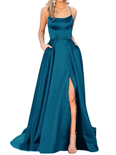 Onsoyours Ballkleider Off Shoulder Kleider Lang Damen Elegant Hochzeit A-Linie Criss-Cross Satin Spaghetti Party Prom Dress Abendkleider Schlitz Brautkleid Festkleider mit Taschen B Blau 1 L von Onsoyours