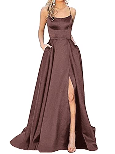 Onsoyours Ballkleider Off Shoulder Kleider Lang Damen Elegant Hochzeit A-Linie Criss-Cross Satin Spaghetti Party Prom Dress Abendkleider Schlitz Brautkleid Festkleider mit Taschen B Braun L von Onsoyours