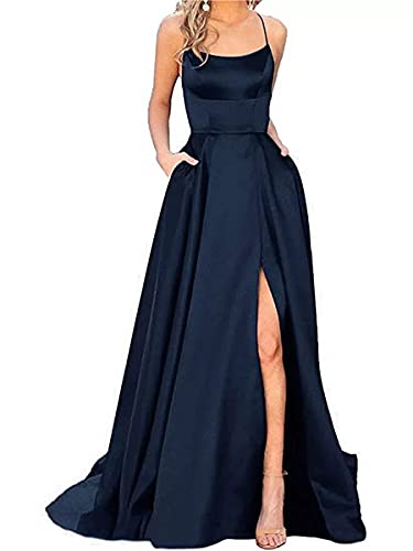 Onsoyours Ballkleider Off Shoulder Kleider Lang Damen Elegant Hochzeit A-Linie Criss-Cross Satin Spaghetti Party Prom Dress Abendkleider Schlitz Brautkleid Festkleider mit Taschen B Dunkelblau XL von Onsoyours