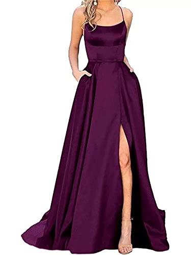 Onsoyours Ballkleider Off Shoulder Kleider Lang Damen Elegant Hochzeit A-Linie Criss-Cross Satin Spaghetti Party Prom Dress Abendkleider Schlitz Brautkleid Festkleider mit Taschen B Violett XL von Onsoyours