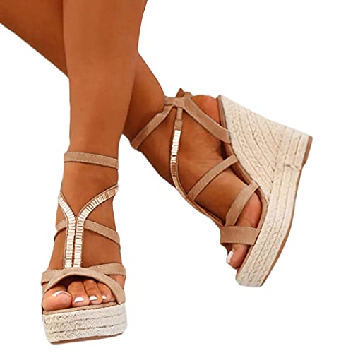 Onsoyours Beige Runde Zehe Keilabsatz Strass Fesselriemen Mode Sandalen Damen Schuhe 34 von Onsoyours