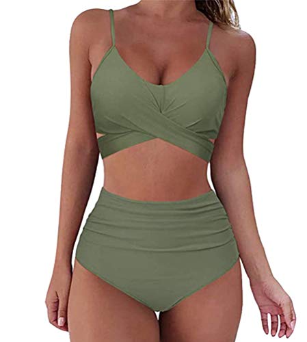 Onsoyours Bikini Damen Set Push Up Bademode Zweiteilige Neckholder Bikini High Waist Bikinihose Split Badeanzug Strandkleidung A Grün XS von Onsoyours