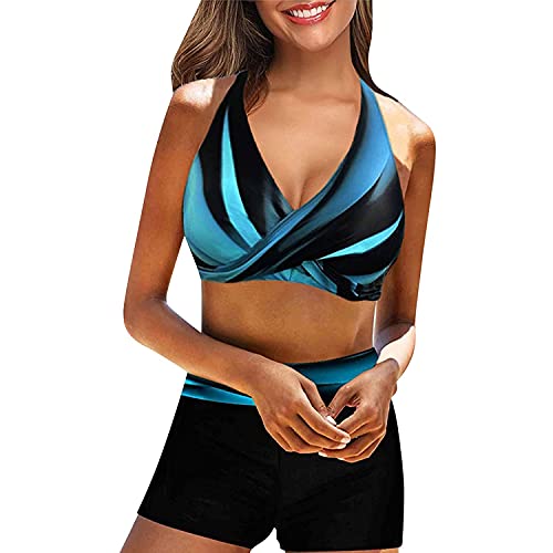 Onsoyours Bikini Damen Set Push Up Bademode Zweiteilige Neckholder Bikini High Waist Bikinihose Split Badeanzug Strandkleidung E Blau XS von Onsoyours