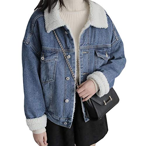 Onsoyours Blaue Knöpfen Taschen Langarm Oversize Lambwool Jeansjacke Mit Teddyfutter Wintermantel Damen XL von Onsoyours