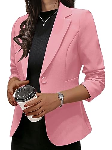 Onsoyours Blazer Damen Elegant Langarm Blazer Sakko Casual Einfarbig Revers Geschäft Büro Knopf Bolero Jacke Kurz Mantel Anzüge A Rosa XL von Onsoyours