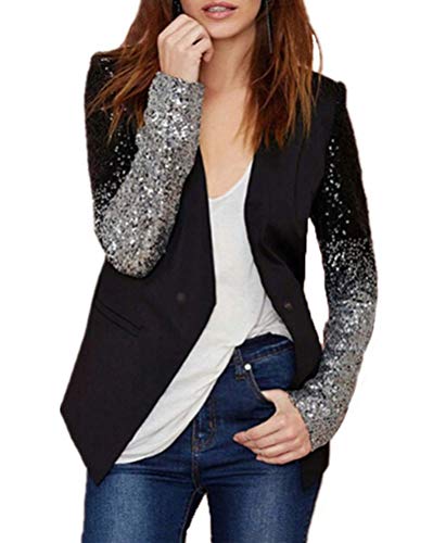 Onsoyours Blazer Damen Glänzend Pailletten Jacke Cardigan Langarm Pullover Vintage Classic Unikat Tops Oberteile Eleganter Glitzer Party Punk Outfits Clubwear A Schwarz 38 von Onsoyours