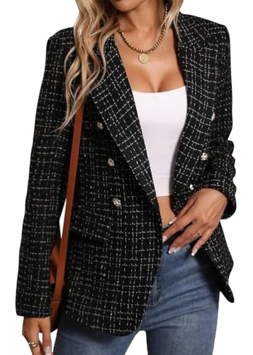 Onsoyours Blazer Damen Herbst Winter Tweed Jacke Langarm Revers Casual Mantel Mit Knopf Sakko Geschäft Büro Anzug Trenchcoat Business Festlich Outwear A02 Schwarz S von Onsoyours