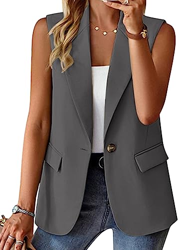 Onsoyours Blazer Damen Sportlich Weste Mantel Lässige Offene Vorderseite Ärmellos Sommerjacke Arbeitsbüro Jacken Freizeit Business Jacke Cardigan Dünn Anzugjacke mit Tasche A Dunkelgrau L von Onsoyours