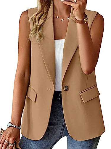 Onsoyours Blazer Damen Sportlich Weste Mantel Lässige Offene Vorderseite Ärmellos Sommerjacke Arbeitsbüro Jacken Freizeit Business Jacke Cardigan Dünn Anzugjacke mit Tasche A Dunkles Khaki S von Onsoyours