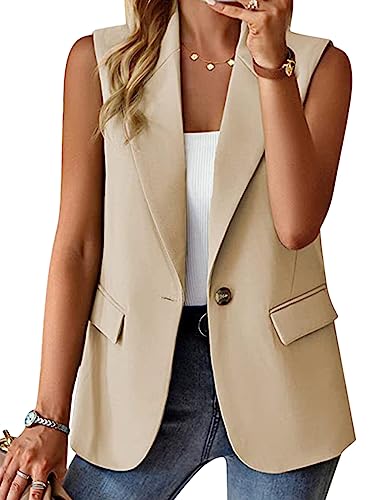 Onsoyours Blazer Damen Sportlich Weste Mantel Lässige Offene Vorderseite Ärmellos Sommerjacke Arbeitsbüro Jacken Freizeit Business Jacke Cardigan Dünn Anzugjacke mit Tasche A HellKhaki L von Onsoyours