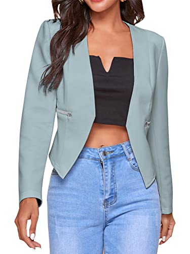 Onsoyours Blazer Einfarbig Damen Mode Langarm Dünn Cropped Jacke Slim Büro Mantel Sakkos Business Kurzer Anzug Mit Reißverschluss Und Taschen Outwear Hellblau XL von Onsoyours