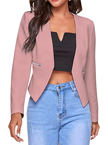 Onsoyours Blazer Einfarbig Damen Mode Langarm Dünn Cropped Jacke Slim Büro Mantel Sakkos Business Kurzer Anzug Mit Reißverschluss Und Taschen Outwear Rosa L von Onsoyours