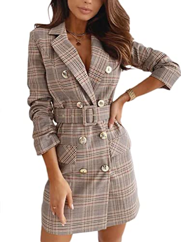 Onsoyours Blazer Kleid Damen Winter Kariert Mantel Langarm Elegant Zweireihig Anzugkleid Blazerkleid mit Gürtel Slim Fit V-Ausschnitt Business MiniKleid Grau L von Onsoyours