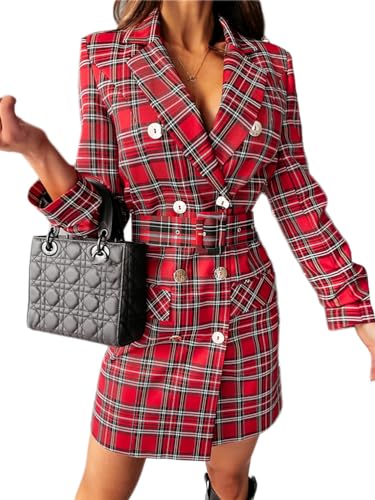 Onsoyours Blazer Kleid Damen Winter Kariert Mantel Langarm Elegant Zweireihig Anzugkleid Blazerkleid mit Gürtel Slim Fit V-Ausschnitt Business MiniKleid Rot XS von Onsoyours