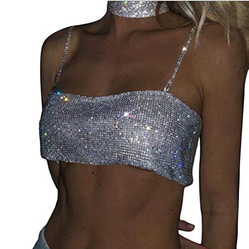 Onsoyours Bling Strass Party Crop Top Fashion Solid Backless Straps Voll Diamanten Pailletten Cami Cropped Top für Frauen C Silber S von Onsoyours