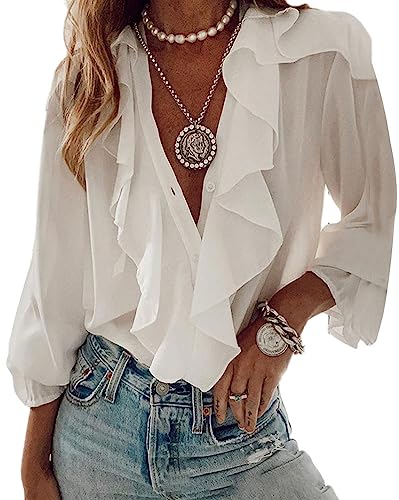 Onsoyours Bluse Damen Casual Rüschen Blumendruck Hemd Elegant Einfarbig Langarm Shirt V Ausschnitt T Shirts Lockere Oberteil Chiffon Tunika Spitze Tops Button Down Büroblusen A Weiß M von Onsoyours