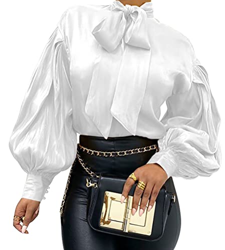 Onsoyours Bluse Damen Elegant Chiffon Shirt Freizeit Langarmshirts Mit Schleife Tunika Hemd Festlich Tops Lose Laternenärmeln Oberteile Weiß L von Onsoyours